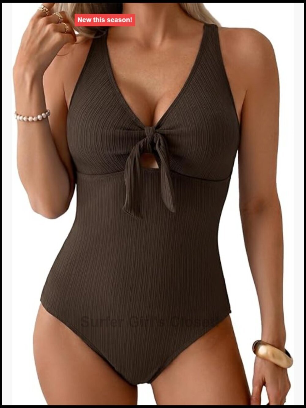 Textured One Piece Swimsuit with Tummy Control Tie Knot Cutout